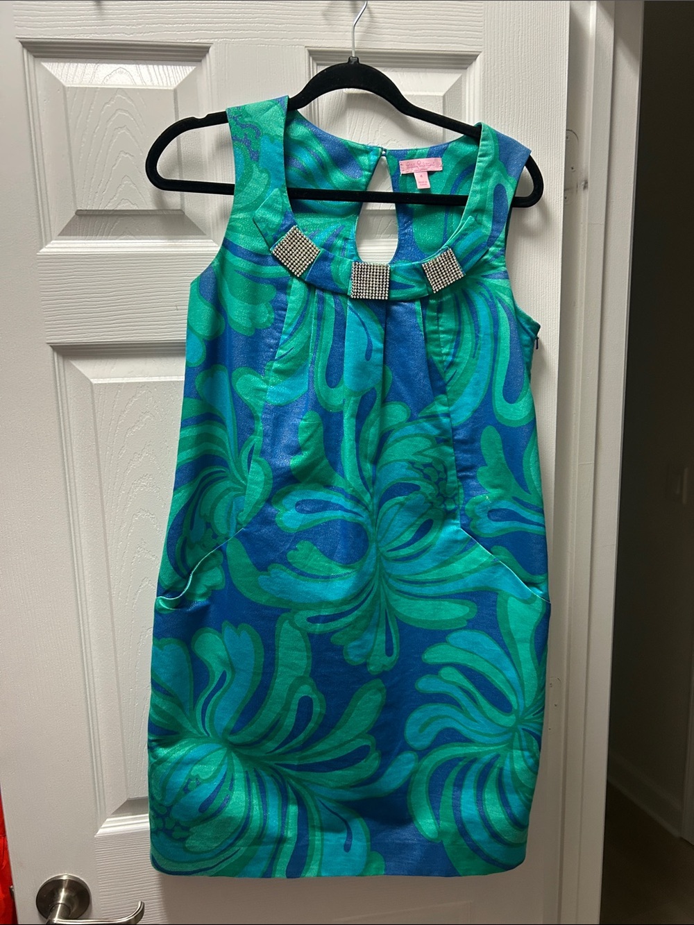 Lily Pulitzer Teal & Blue Floral Shift Dress with Rhinestone Accent with Pockets